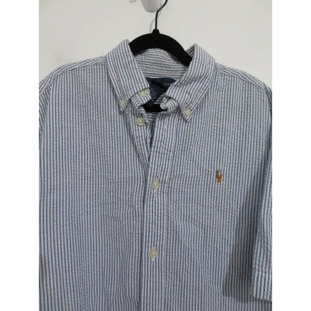 Ralph Lauren Boys Sz 12/14 Blue Striipe Short Sleeve Oxford Shirt Preppy